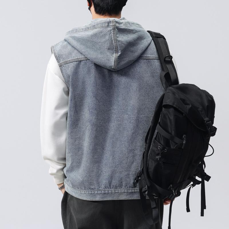 Gilet Giacca di Jeans con Cappuccio Retro Americano da Uomo - Casual, Alta Qualità, Vestibilità Larga per Primavera e Autunno