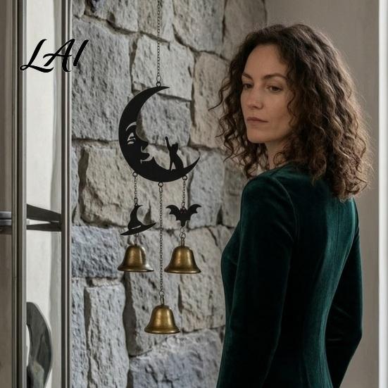 Home Aesthetic Hanging Decor Halloween Broomstick Witch Bells Vintage Gothic Metal Wind Decorative Pendant for Patio Chime Door Wall Window