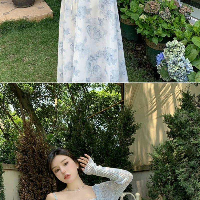 Women's Blue Floral Strappy Dress - French Tea Party, Waist-Cinched, Long Summer Beach Dress