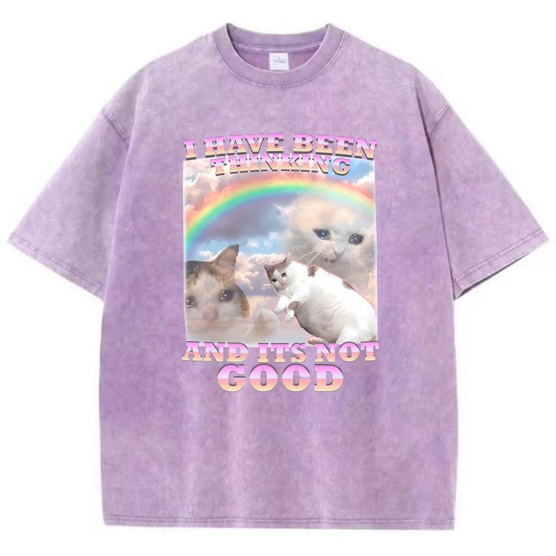 Funny Rainbow Cat Retro T Shirt Vintage Washed 100% Cotton T-Shirt Graphic Tee Casual Streetwear Spring Summer Fall Tee