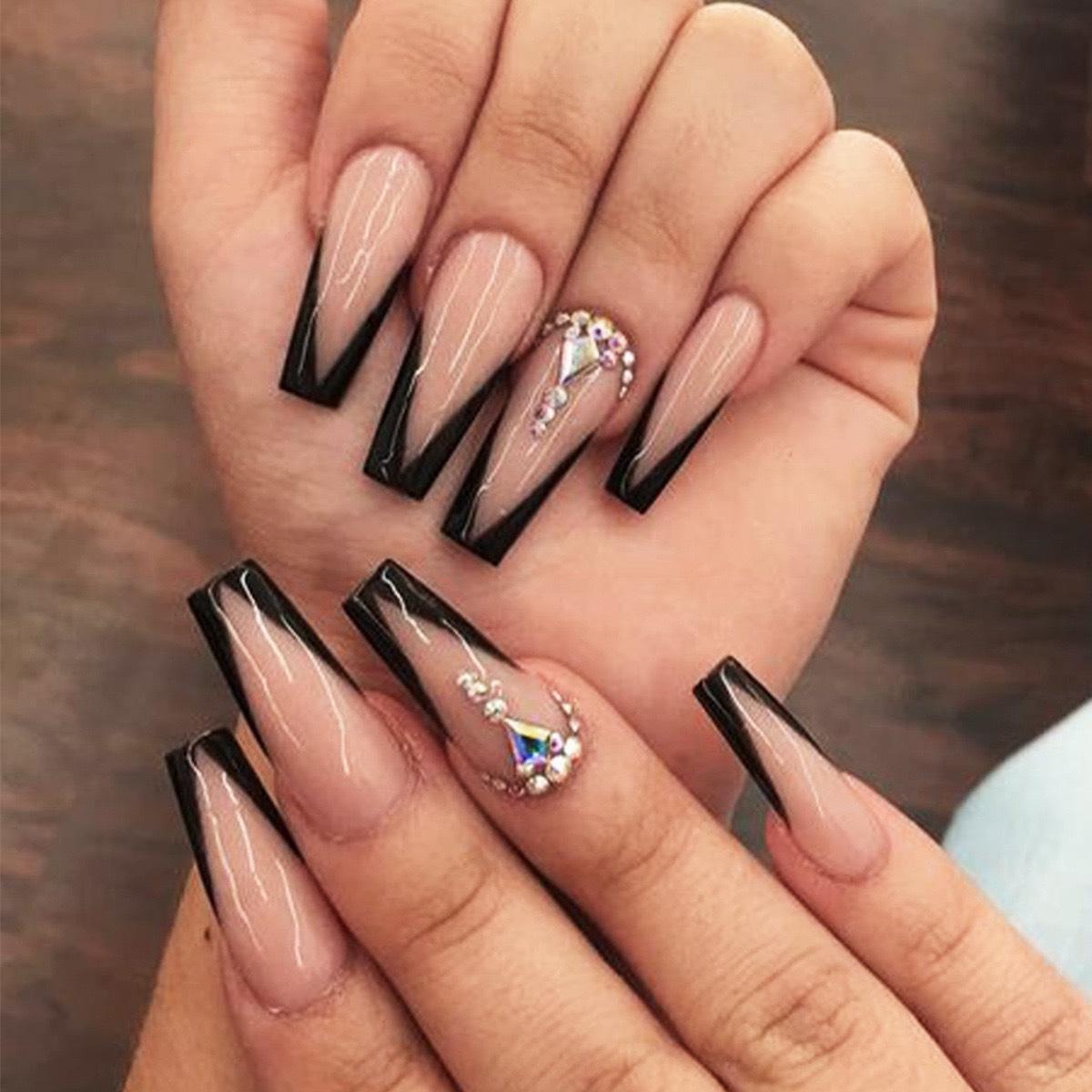 Ultra-Long European & American Ballet Nails: Nude Pink, Black French Style with Rhinestone Inlay - Ladylike False Nail Stickers