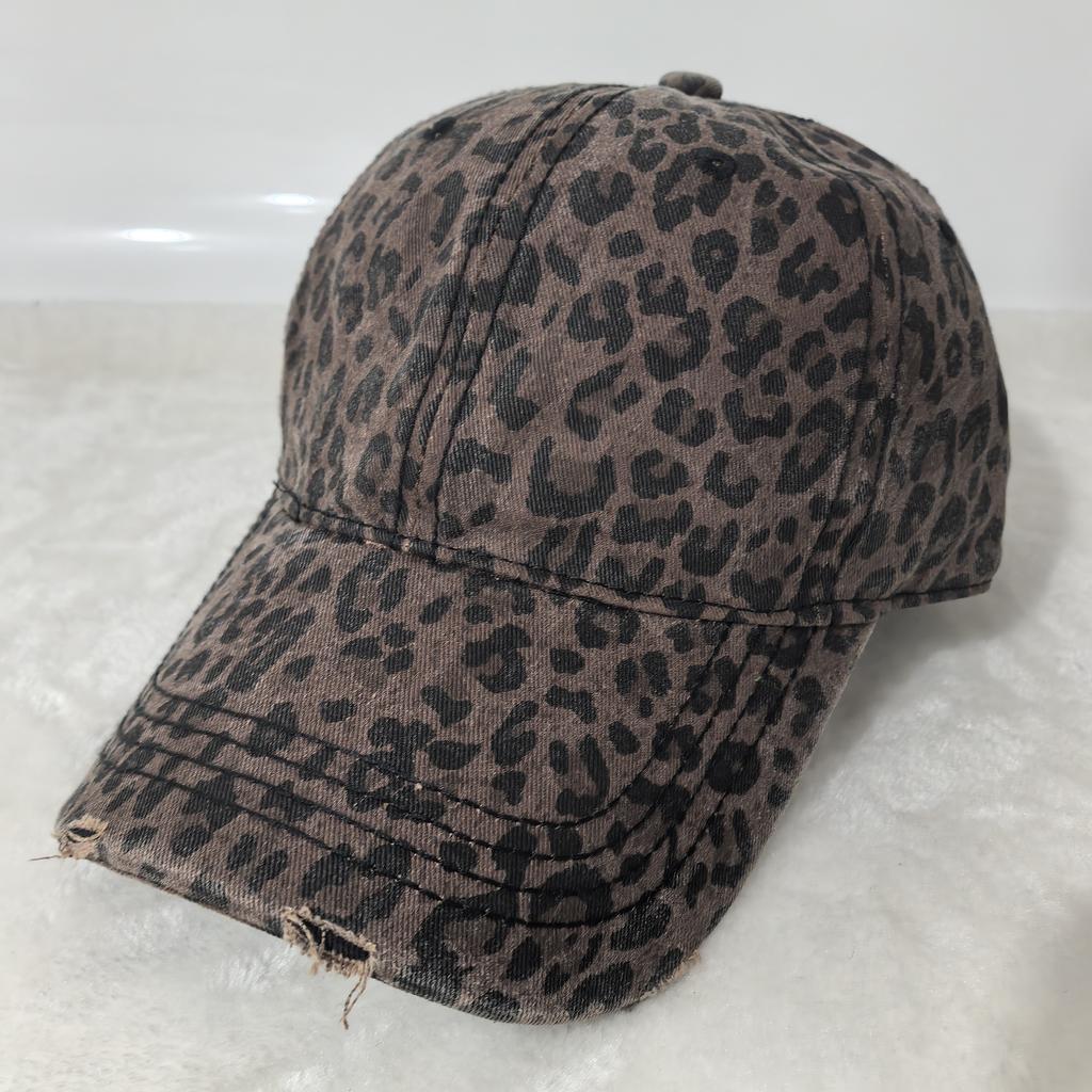 Vintage Washed Leopard Print Baseball Cap For Women Distressed Denim Sun Hat Adjustable Casual Streetwear Cap