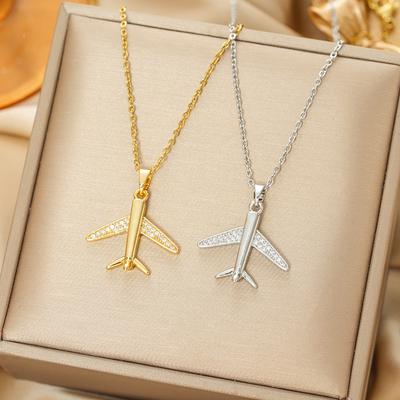 Stainless Steel Niche Design Plated 18K Gold Airplane Pendant Necklace for Women