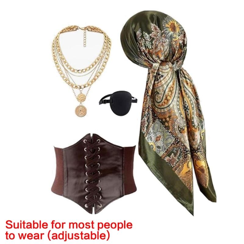 4Pcs Halloween Pirate Costume Accessories Pirate Bandana Head Scarf,Medieval Corset Eye Patchesfor Cosplay Dressing Up