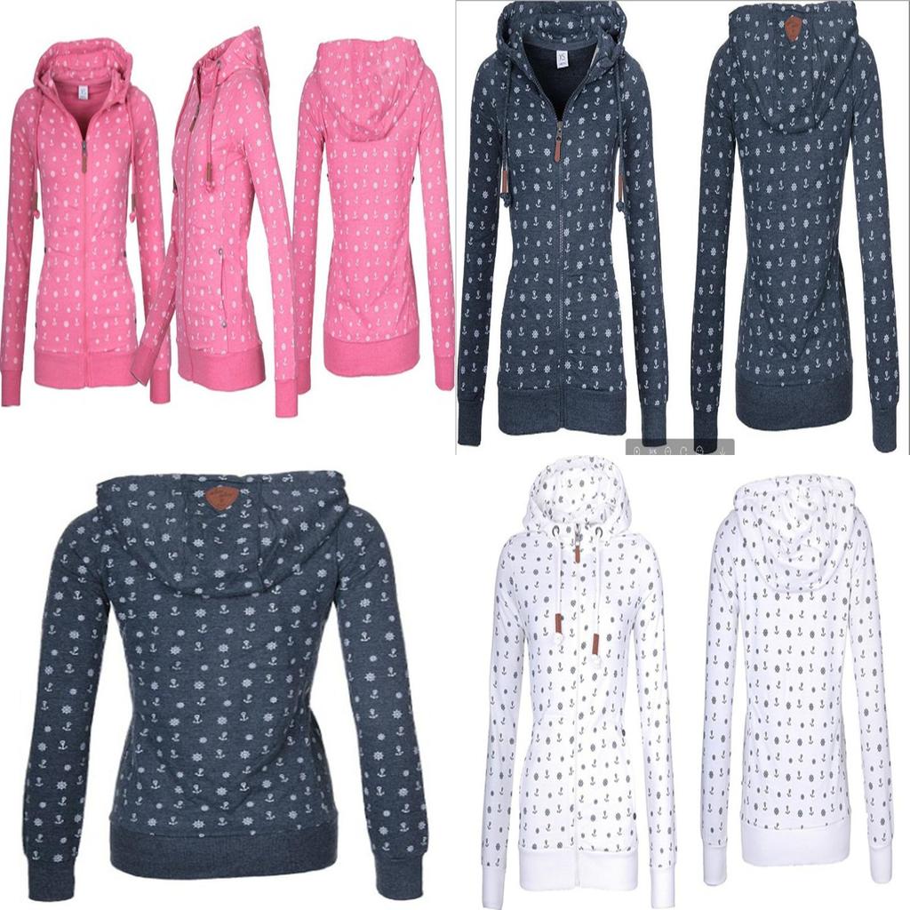 Luxuriöser und weicher Damen-Kapuzenpullover aus Fleece mit Seeanker-Print und Reißverschluss