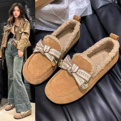 Winter Round Head Velvet Cotton Shoes New Winter Retro Birkenstock Soft-soled Bow Wear-resistant Fluffy Shoes
