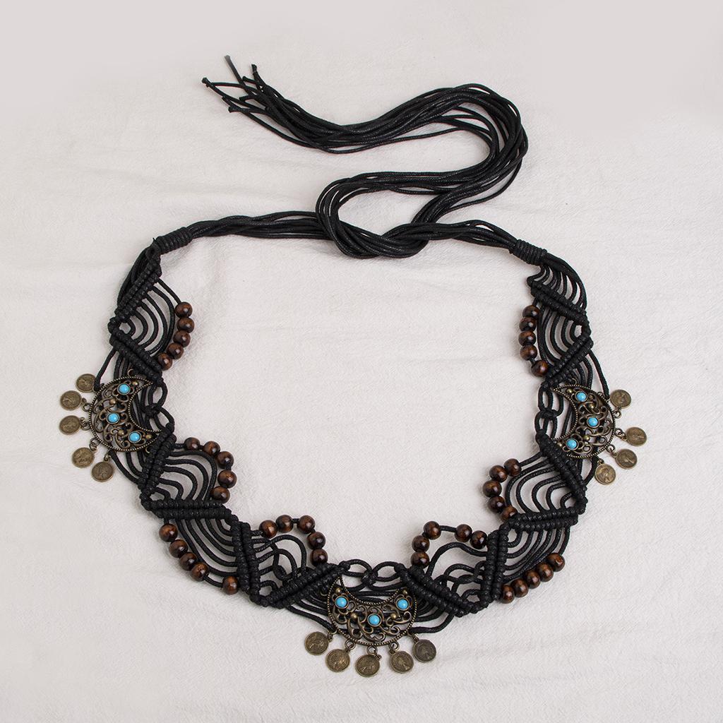 Bohemian Belt Ethnic Style Belt Moon Knitted Knotted Inlaid Handmade Vacation Style Women's Waist Rope