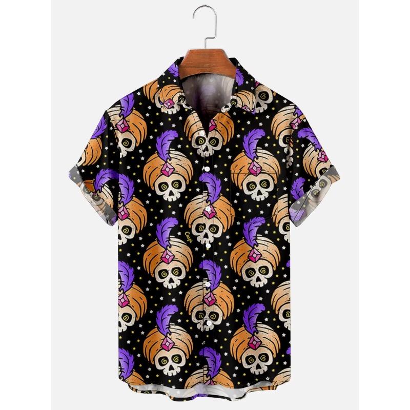 Men Skull Floral Hawaiian Shirt Red Rose Skeleton Print Short Sleeve Button Down Lapel Casual Halloween Day of the Dead Beach
