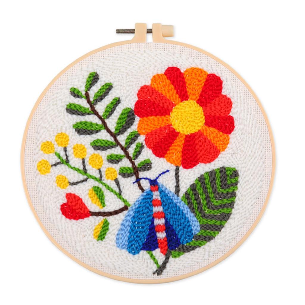 Flower Punching Needle Embroidery Set with Pattern Instruction Hoop Yarn Needle for Adult Beginner Punching Needle Set