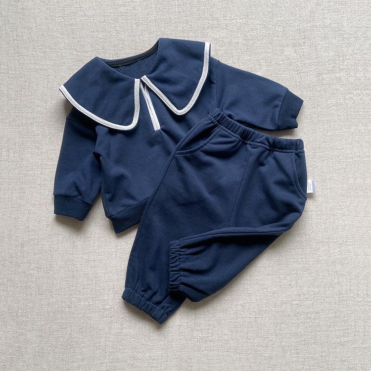 

2025 Autumn Korean Kids Clothing: Boys & Girls Academy Style Big Lapel Casual Hoodie Sportswear Set for Spring, Solid Colors 73 cm
