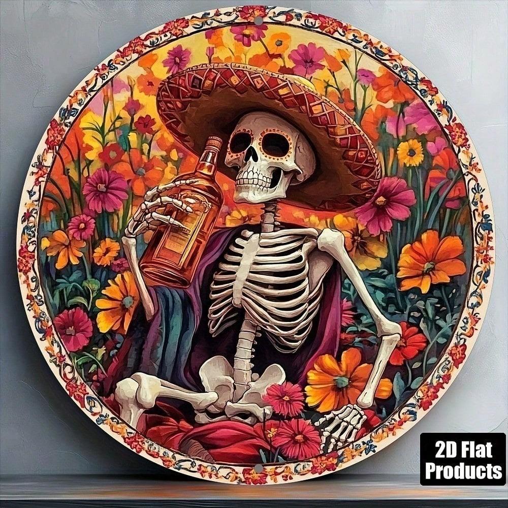 Skull Wine Metal Sign 8x8 Inch Round Aluminum 2D Flat Wall Art Decor for Home Bar Cafe Kitchen Office Holiday Gift