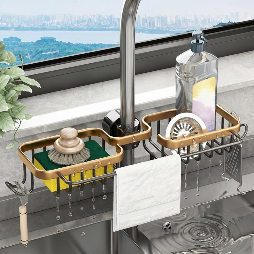 Aluminum Plastic Sink Shelf Adjustable Sink Organizer Rack Drainer Shelf Basket  Dishcloth Drainer