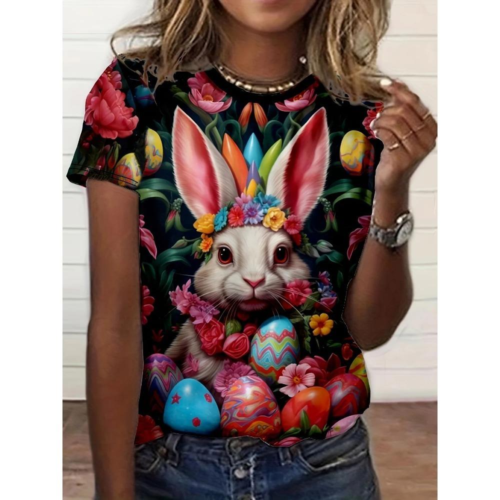 Women's T-shirt Cute Rabbit Print Fashion Top Summer Vacation Style Round Neck Short Sleeve Fashion Versatile