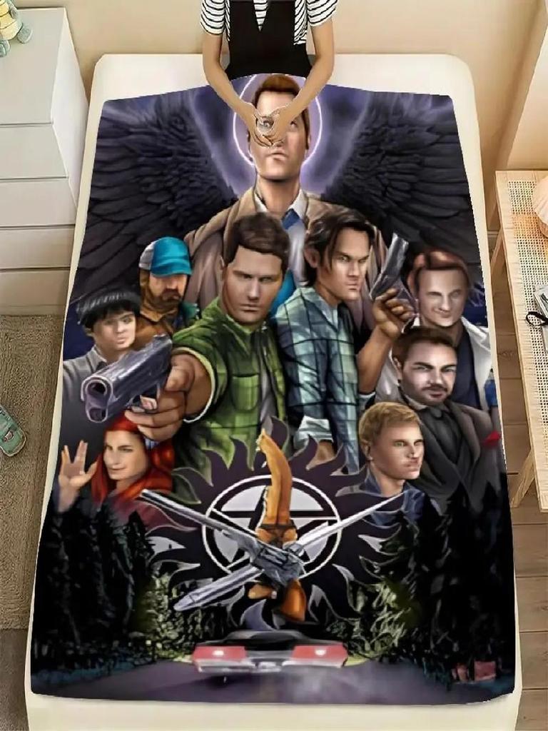 Supernatural Dark Fantasy Blanket Cozy Fleece Throw with Castiel Sam Dean Winchester Bobby Ruby Crowley