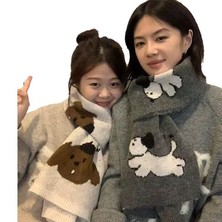 New Japanese All Match Cute Cartoon Puppy Wool Knitted Scarf for Women Korean Version Autumn and Winter Warm Scarf To Protect Against Cold