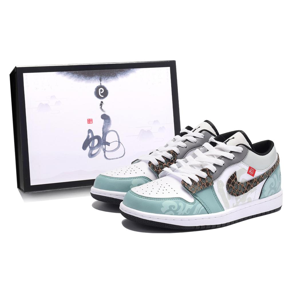 Jordan Air Jordan 1 Cushioning Slip Resistant Low top Vintage Basketball Shoes Men's Gray Green 553558-132(Team242-box)