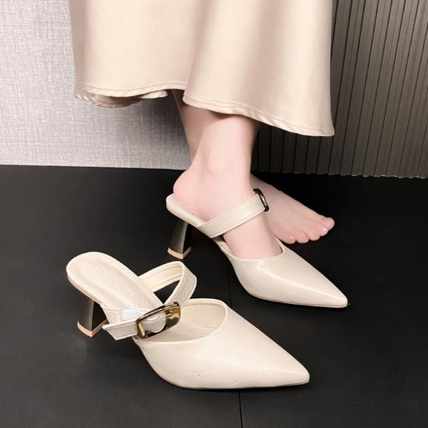 Fashion Shoes Woman's Slippers Cover Toe Square Heel Slides 2025 Summer Block Pointed Shoes Woman's Slippers Square Heel Pointed Toe Sli