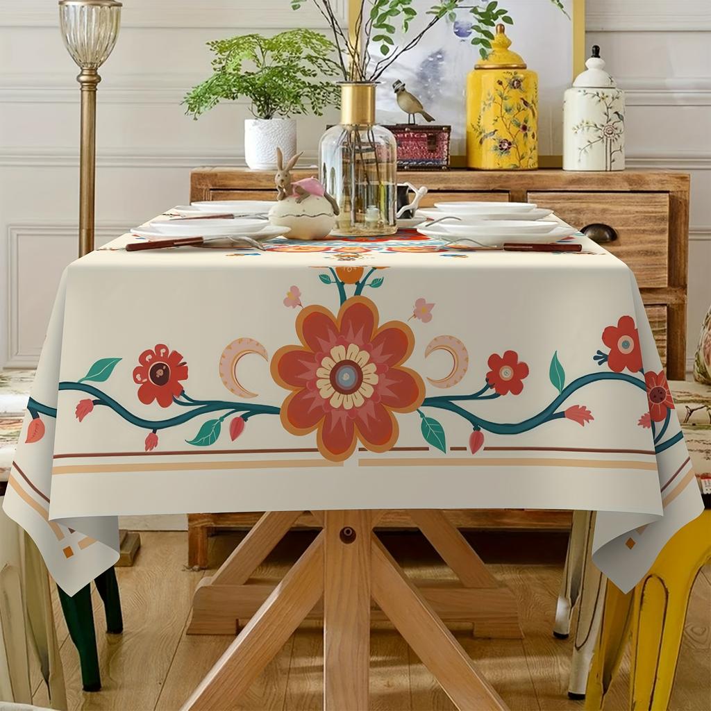 1 piece of artistic floral tablecloth - Blue, orange, and red design, suitable for home aesthetic table decorationzyc