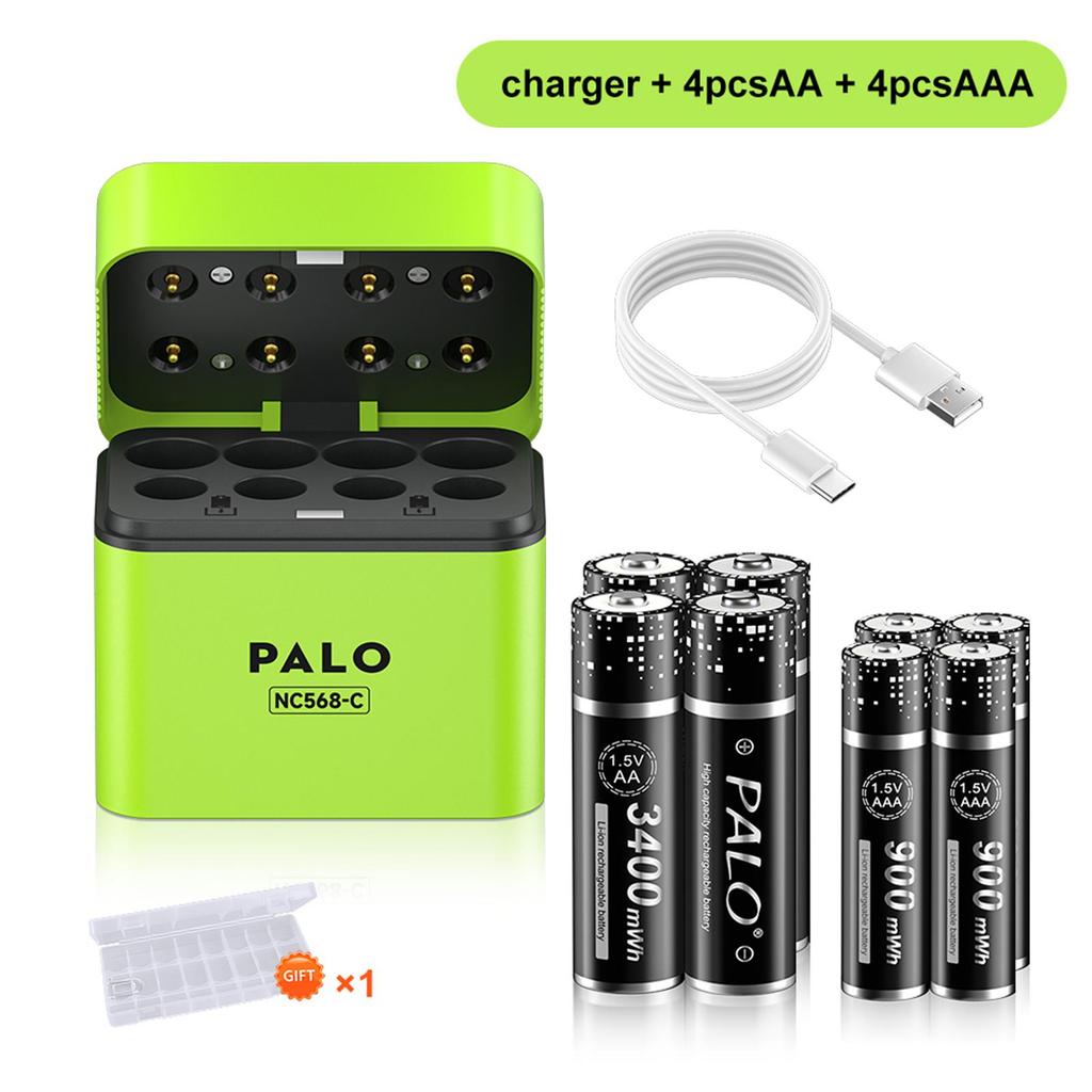 PALO Pilhas Recarregáveis AA e AAA de Íon de Lítio 3400mWh 1.5V com Carregador Magnético Flip de 8 canais para Pilhas de Lítio 1.5V 2A 3A