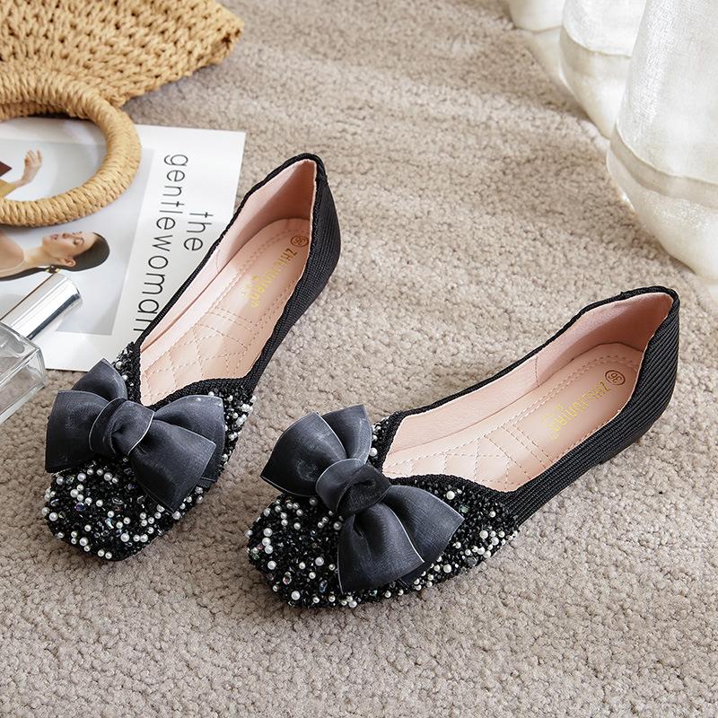 New Pearl Rhinestone Square Head Single Shoes Soft Sole Casual Flat Bottom Large Size