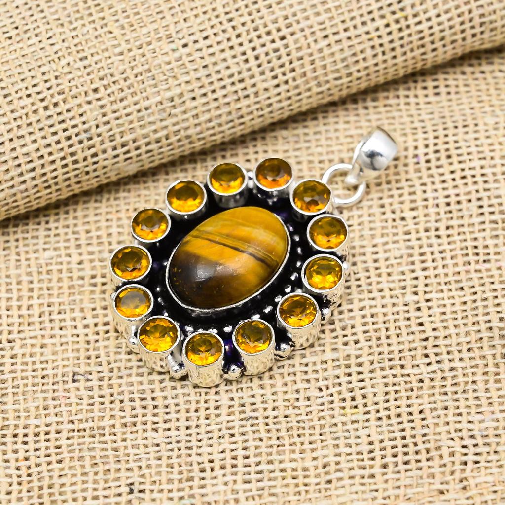 Tigerauge, Citrin Edelsteinschmuck 925 Sterlingsilber Handgefertigter Anhänger