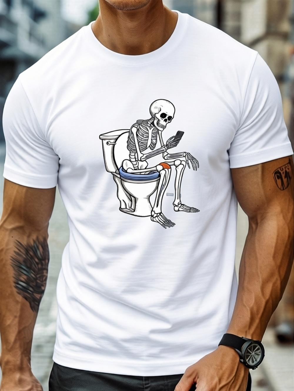 Funny Men s Skeleton Bathroom Humor Print T-Shirt Summer Short Sleeved Round Neck Top Casual Fashion Streetwear Men s Clothing S