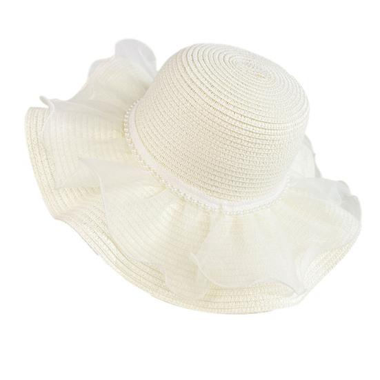 Beach Hat Natural High-Density Straw Fabric Sun Protection Wide Brim Dome Design Sun Hat Lace Bow Faux Pearls Decor Summer Hat