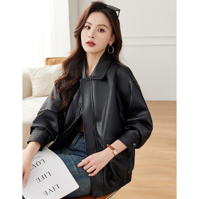 Leather Jacket for Women Spring and Autumn Motorcycle Black and White Pu Leather Jacket with Lapel Casual