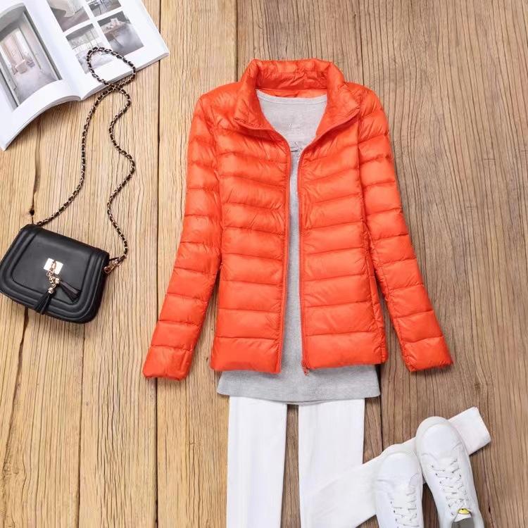 Women's Autumn and Winter Large Size Short Standing Collar Jacket Warm Slim Zipper Top Free Storage Bag
