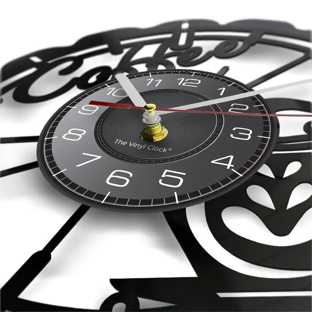 Coffee Cup Cut Out Longplay Wall Clock Kitchen Decor Cafe House Coffee Sign Black Noiseless Hanging Wall Clock Gifts for Barista