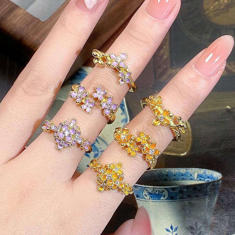 Enamel Dripping Oil Flower Combination Set Open Ring Medieval Light Luxury High-End Sense Niche Design Ring