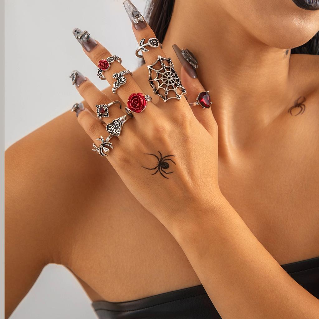 European and American punk dark butterfly skull cut-out face ring multi-piece set personality trend distressed ring set