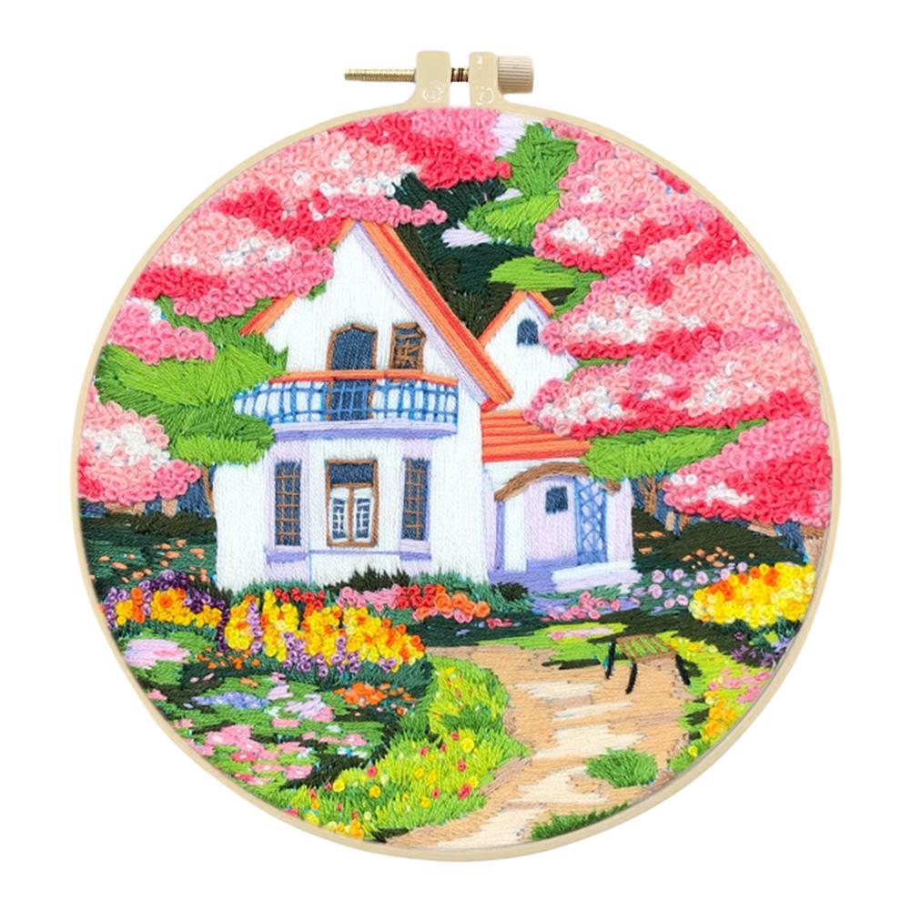 Landscape Stamped Cross Stitch Embroidery Kits with Hoop Cloth Color Thread