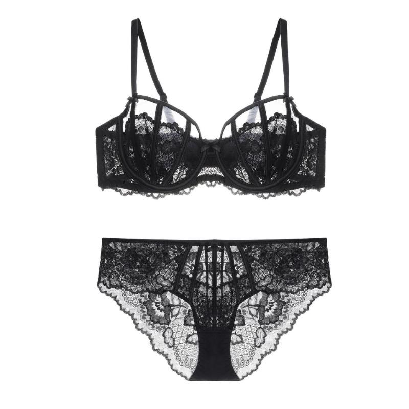 Women's Floral Lace Sheer Mesh Push Up Bra Underwire Balconette Bralette with PantySexy Lingerie Set for Women