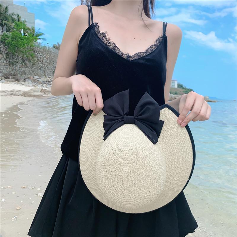 Small Straw Hat Women's Summer Seaside Beach Hat Vacation Versatile Small Fresh Bow Sunscreen Visor