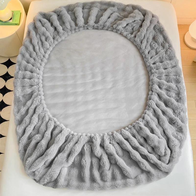 Kaninchen Plüsch Spannbettlaken mit Tiefem Taschen Winter Verdicken Warmer Matratzenschoner Weich Flauschig Doppelmatratzenbezug