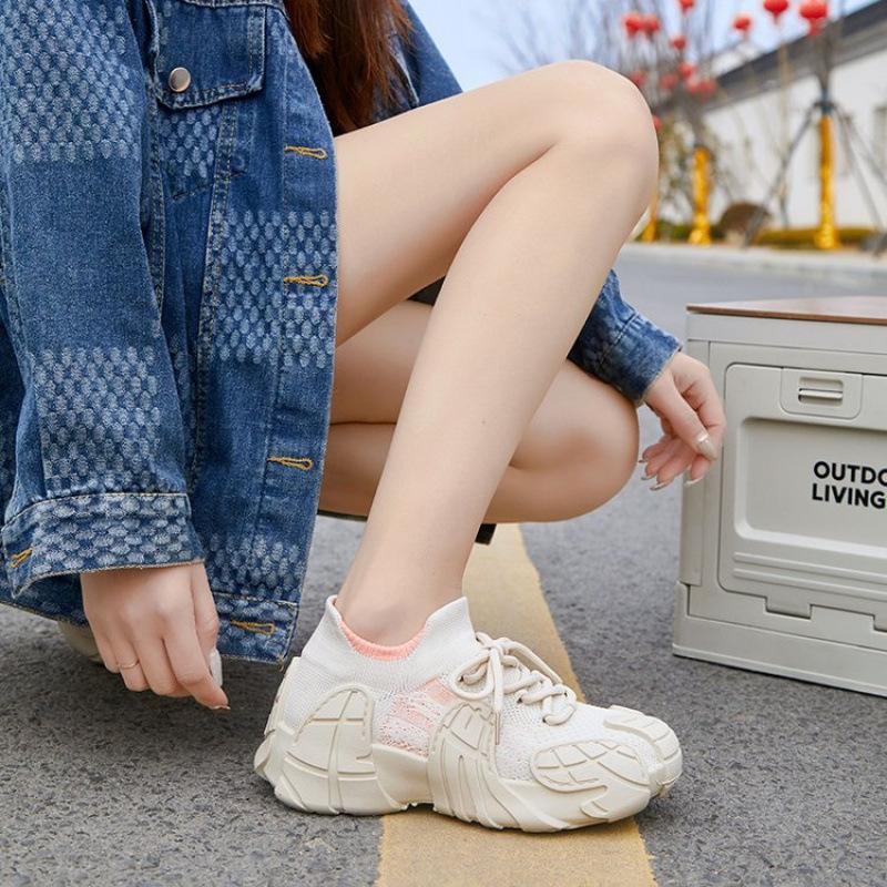 Spring and Autumn Platform Sports Shoes Women's Lace-up Non-slip Fly-woven Women's Shoes Versatile Outdoor Running Shoes Women