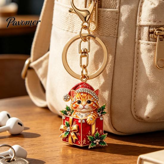 Decorative Purse Pendant Christmas Gift Box Cat Keychain, Bling Rhinestone Kitten Keyring Keychain Pendant, Backpack Handbag Accessory for Holiday