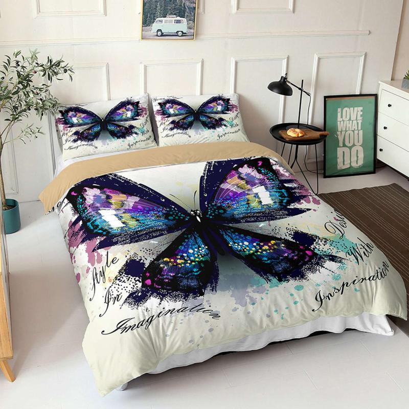 Butterfly Duvet Cover Set Queen Size Blue White Butterflies Printed Comforter Cover For Girls Kids Teens Microfiber Quilt Cover