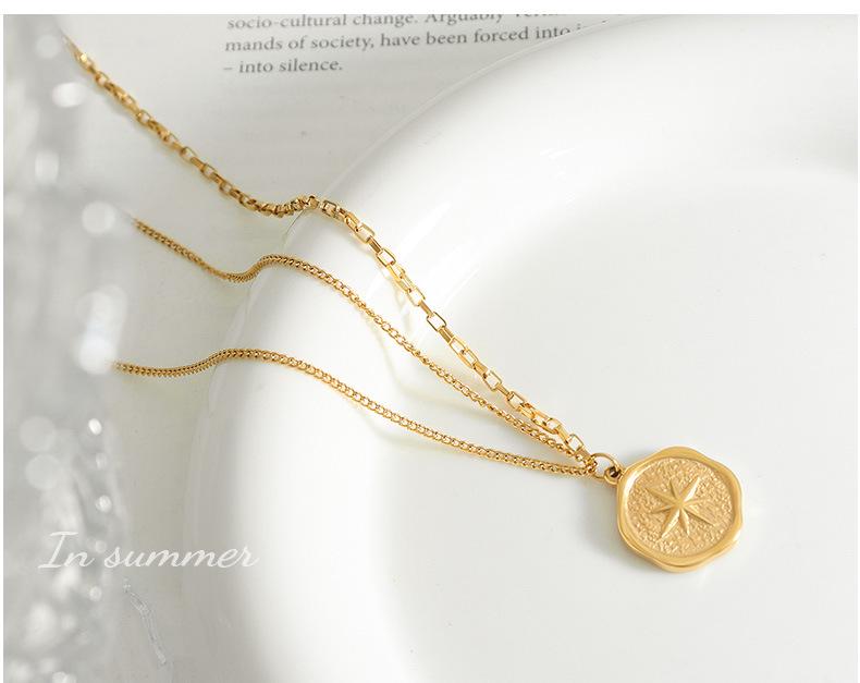 French Niche Eight-Pointed Star Pendant Necklace, Double Chain, 18K Gold-Plated Titanium Steel Clavicle Chain Jewelry P574