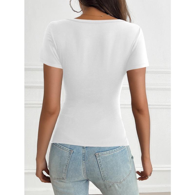 T-shirt Casual da Donna Scollo a V Bottoni Arricciata Manica Corta Vestibilità Aderente
