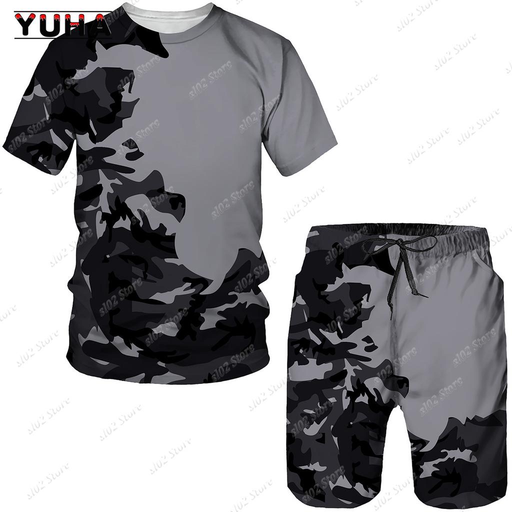 YUHA 2022 Summer Camouflage Tees/Shorts/Suits Men's T Shirt Shorts Tracksuit Sport Style Outdoor Camping Hunting Casual Mens Clo