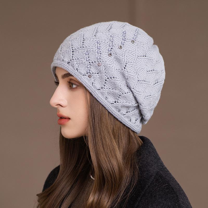 Autumn and Winter New Hat Women's Fashion Pearl Wool Hat Mother Warm Ear Protection Rabbit Hair Knitted Hat