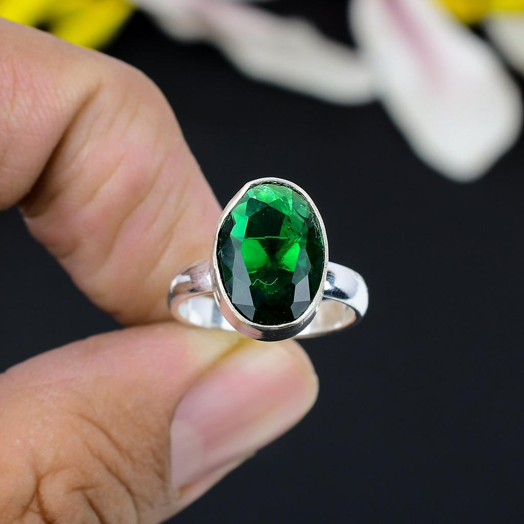 Chrome Diopside Gemstone Handmade 925 Sterling Silver Jewelry Ring Size 8 KG-360