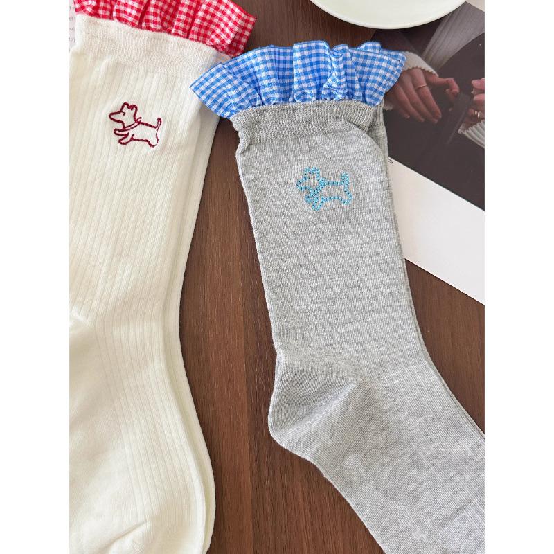 Women's Autumn and Winter Trend Clash Color Check Pattern Lace Cute Cartoon Embroidery Tube Stack Socks