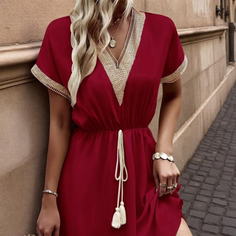 

Летнее женское платье, однотонное кружевное платье с v-образным вырезом и талией с коротким рукавом 3XL красный