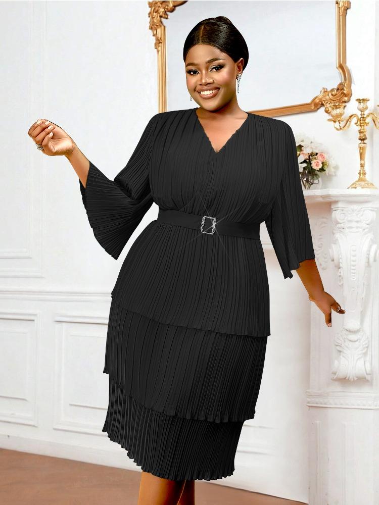 Women Elegant Chiffon Pleated A Line Cake Dress V Neck Half Sleeve High Waist Tiered Dresses Formal Work Office Daily Clothings