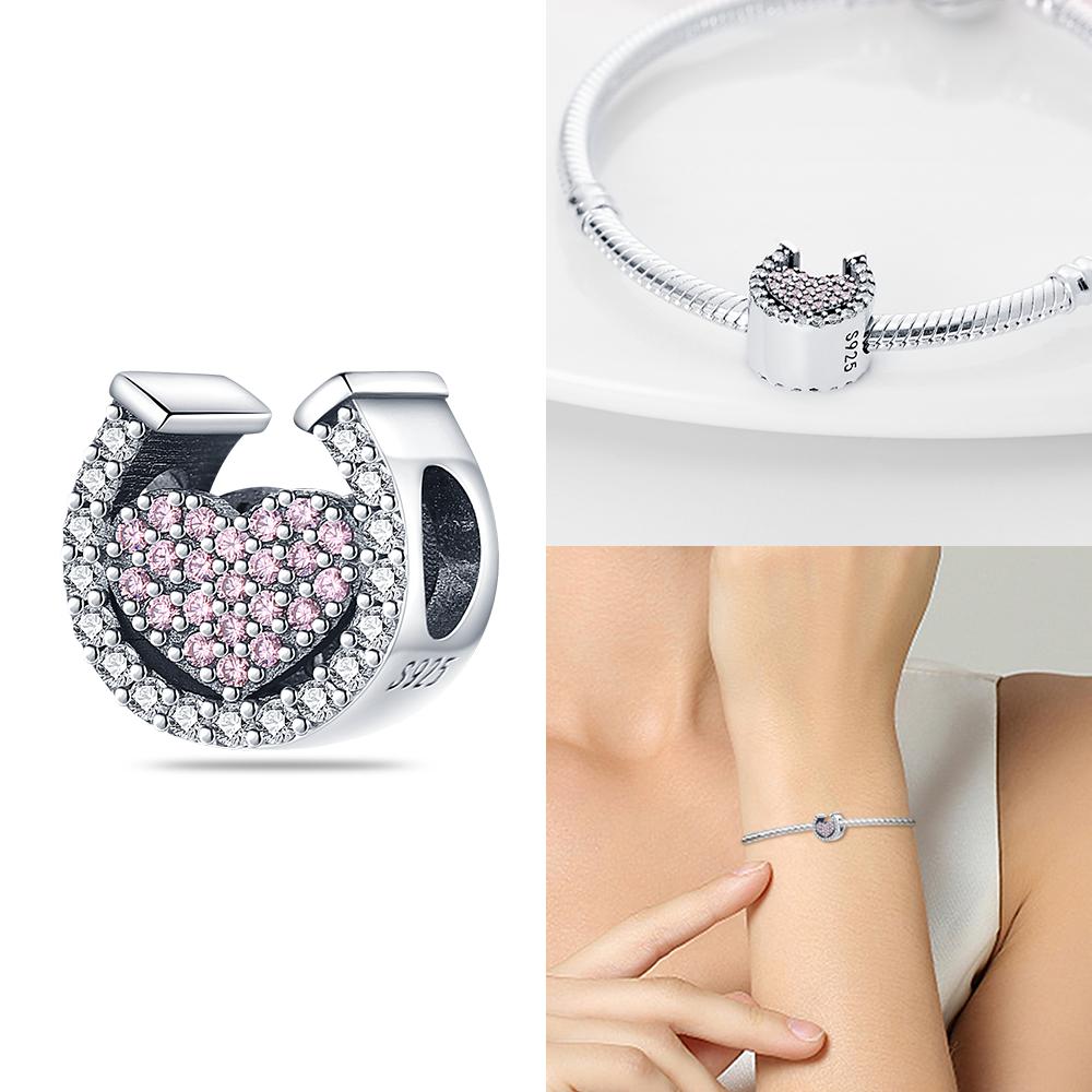 Rose Gold Pink Zircon Love Heart Beads Fit Bracelet Charms Copper Original Jewelry Women Diy Accessories