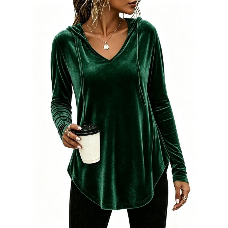 Women Fashion Casual Hooded V Neck Long Sleeve Solid Pullover Sweatshirt