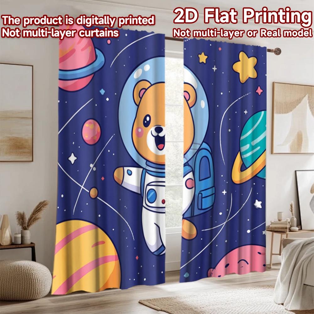 2D Flachdruck 2 Stück Fenstervorhänge Niedlicher Astronautenbär Weltraum Digital Bedruckt Polyester Vorhänge Saisonale Party- und Feiertagsdekoration